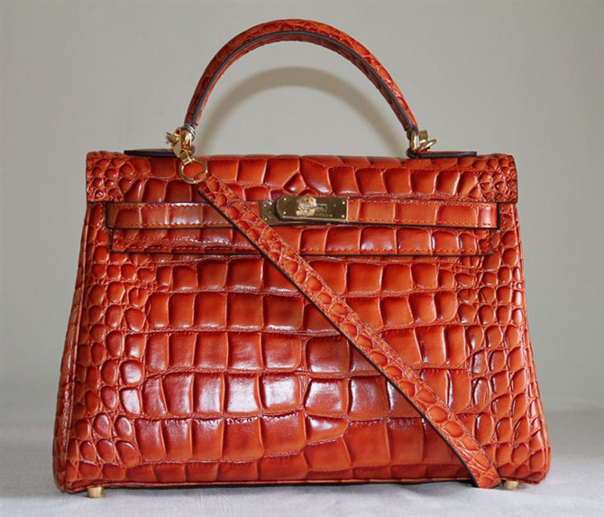 7A Replica Hermes Kelly 32cm Crocodile Veins Leather Bag Orange HC0001 (4)